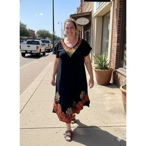 Ranera Sun Size M. 100% Rayon Midi Dress  Uneven Hem . Embroidered Flowers At...